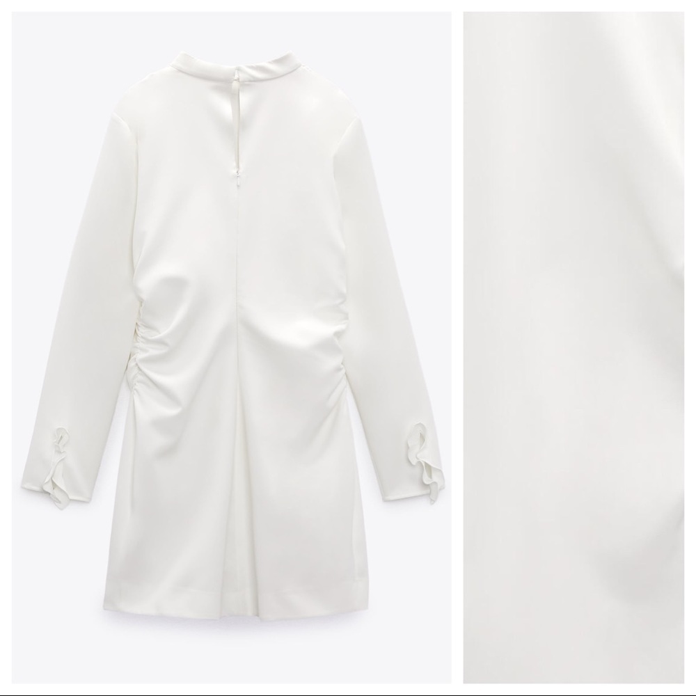 🌹NWT. Zara Ecru Mini Dress with Ruching, High Collar. Size S. - Picture 6 of 9
